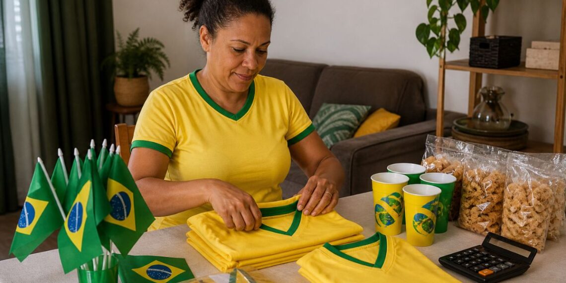 Uma mulher organizando itens para vender na Copa do Mundo