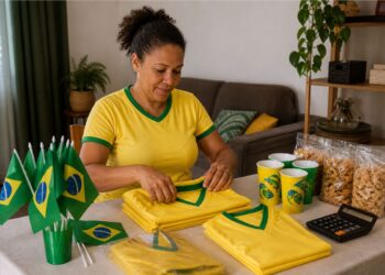 Uma mulher organizando itens para vender na Copa do Mundo
