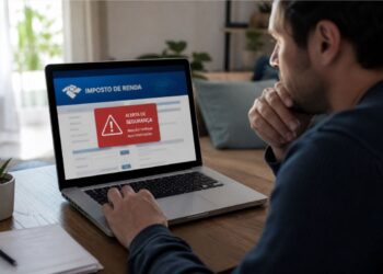 Uma tela mostra aviso de alerta na página da Receita federal (Imposto de Renda)