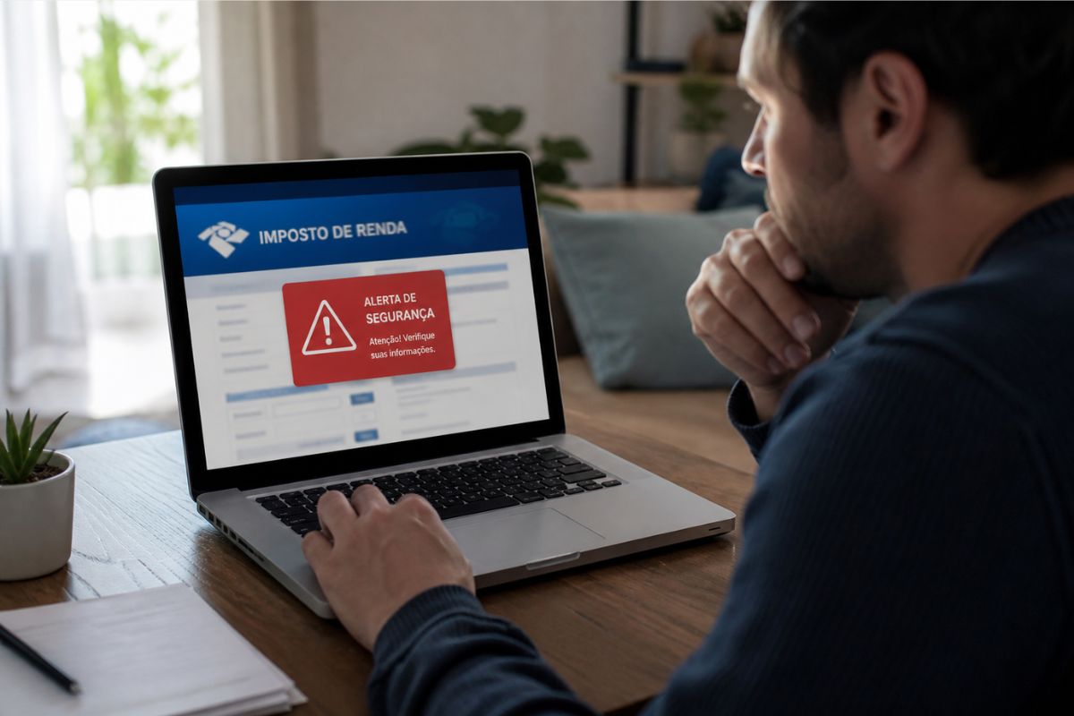 Uma tela mostra aviso de alerta na página da Receita federal (Imposto de Renda)