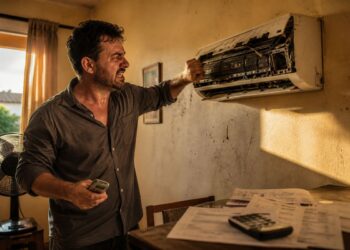 Um homem vendo seu ar-condicionado quebrado