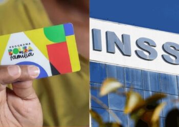Cartão do Bolsa Família ao lado o prédio do INSS
