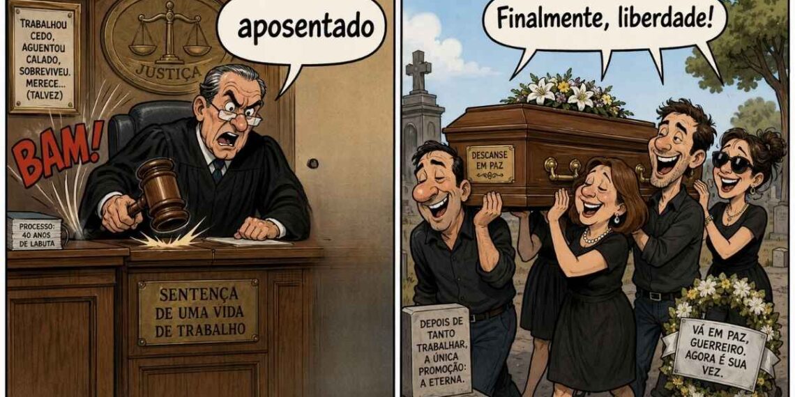 Uma charge de um rapaz aposentando pelo INSSS