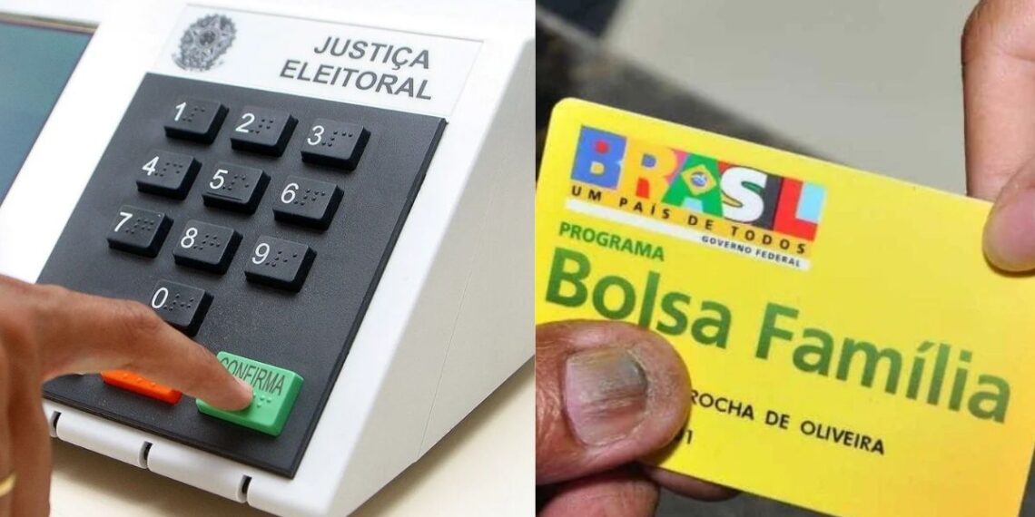 Urna eletrônica e um cartão do Bolsa Família
