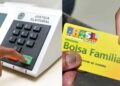 Urna eletrônica e um cartão do Bolsa Família